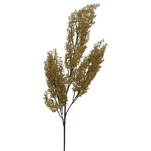 The 27 Yellow Verbena Spray (SBF1013-YEL) features a single brown artificial branch with multiple stems and small textured leaves, arranged in a loose, upright cluster against a white background.