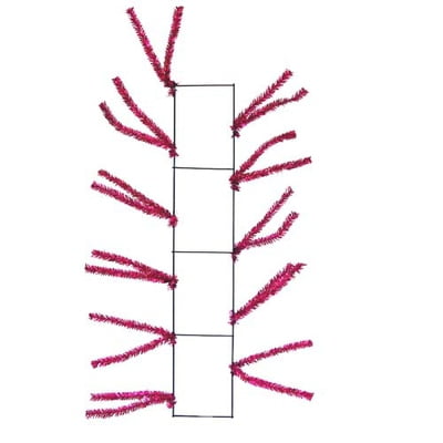 The 22 Work Creations Metallic Fuchsia Straight Ribbon Pencil Rail features a rectangular metal frame with vibrant fuchsia tinsel branches resembling pencil ribbons. Its innovatively divided into four vertically stacked rectangles.