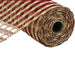 A close-up of a rolled spool of 10 Beige Cranberry Poly Burlap Check Mesh (RP8121F7), partially unrolled to display its red and beige plaid windowpane weave.