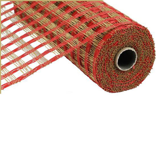 A close-up of 10 Red Buff Poly Burlap Check Mesh RP8123F2, partially unrolled to display its polyester open weave pattern and texture with red and natural tan checkered strips.